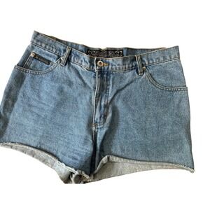 No Excuses Vintage Y2K High Waisted Raw Hem Denim Jean Shorts Blue Womens 13/14